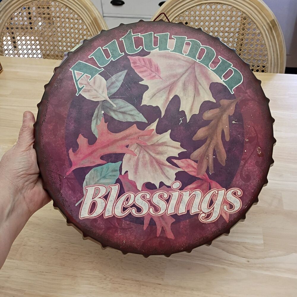 Rustic Large 13" Farmhouse Tin Bottle Cap Wall Sign Autumn Blessings